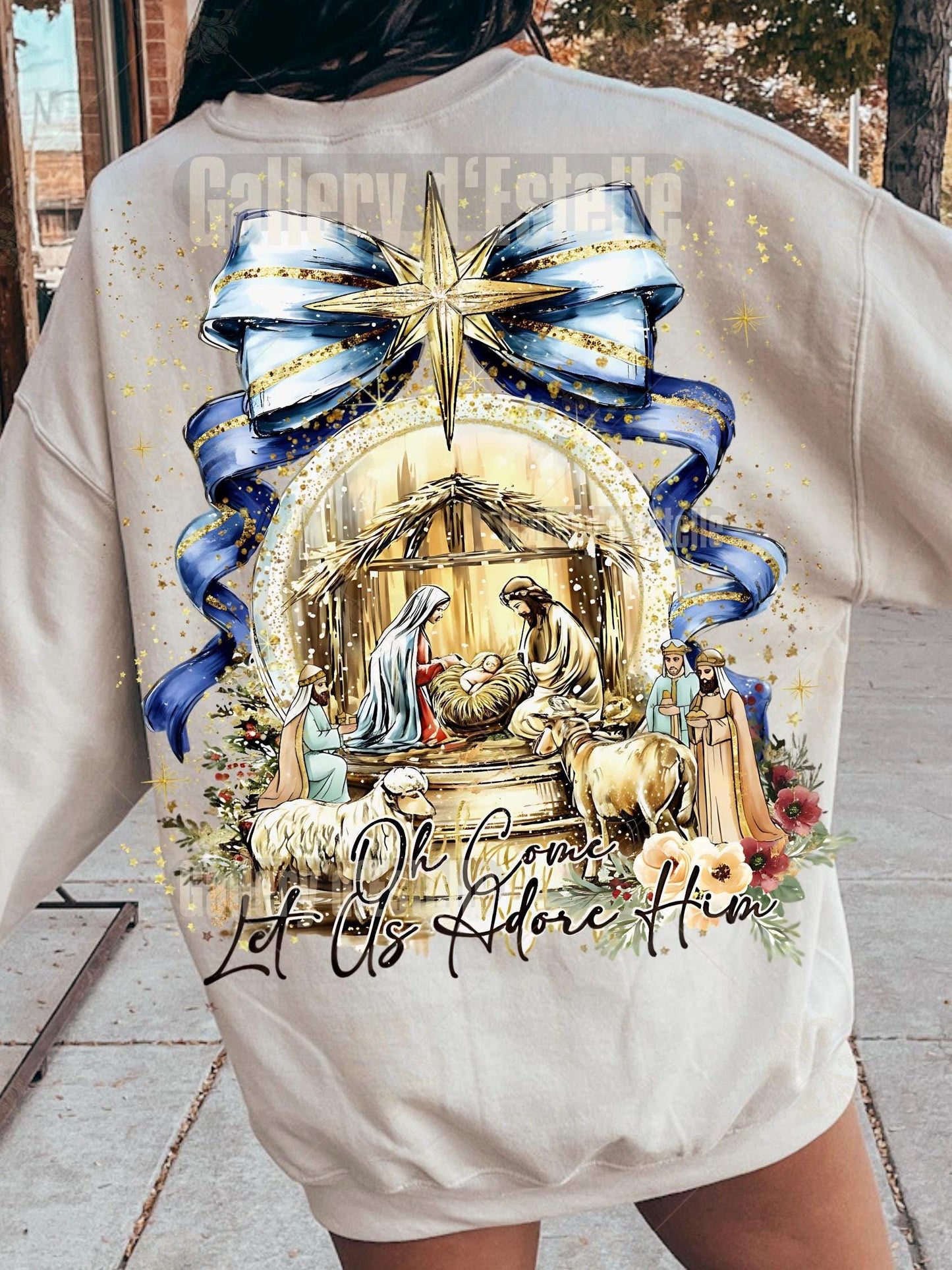 Coquette Nativity Scene PNG, Let Us Adore Him Christian Graphic, Glitter Christmas Sublimation, Cute Holiday Shirt Design