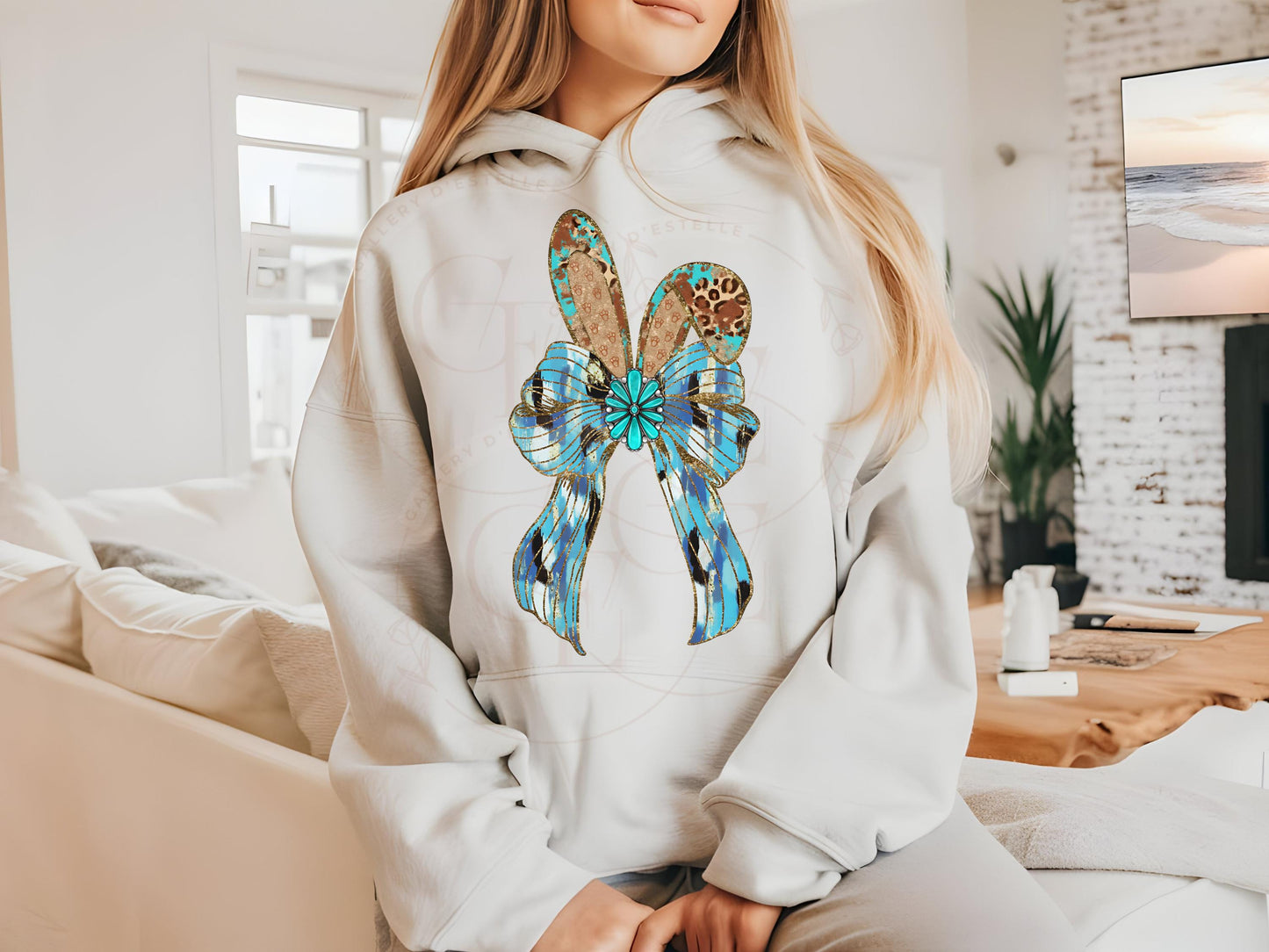 Western Coquette Glitter Bow PNG, Blue Brushstroke Easter Bunny Graphic, Trendy Cowgirl Shirt Design