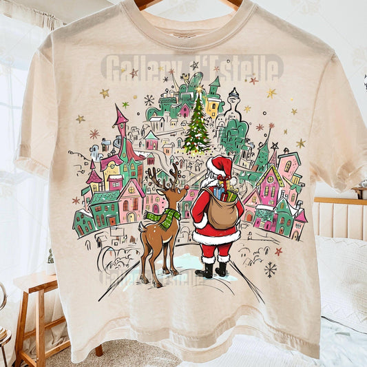 Retro Santa Town PNG, Coquette Christmas Reindeer Graphic, Nostalgic Holiday Sublimation, Festive Shirt Design