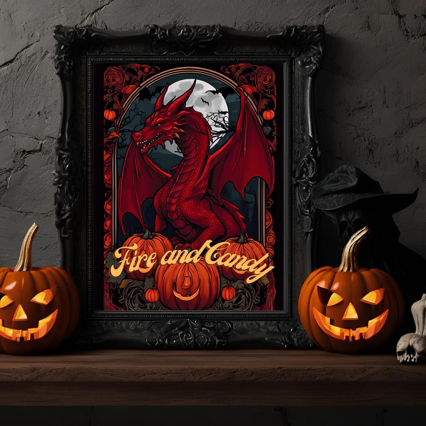 Halloween Dragons Wall Art Bundle-"House Spookaryen", Spooky Art Nouveau Prints for Halloween Decoration