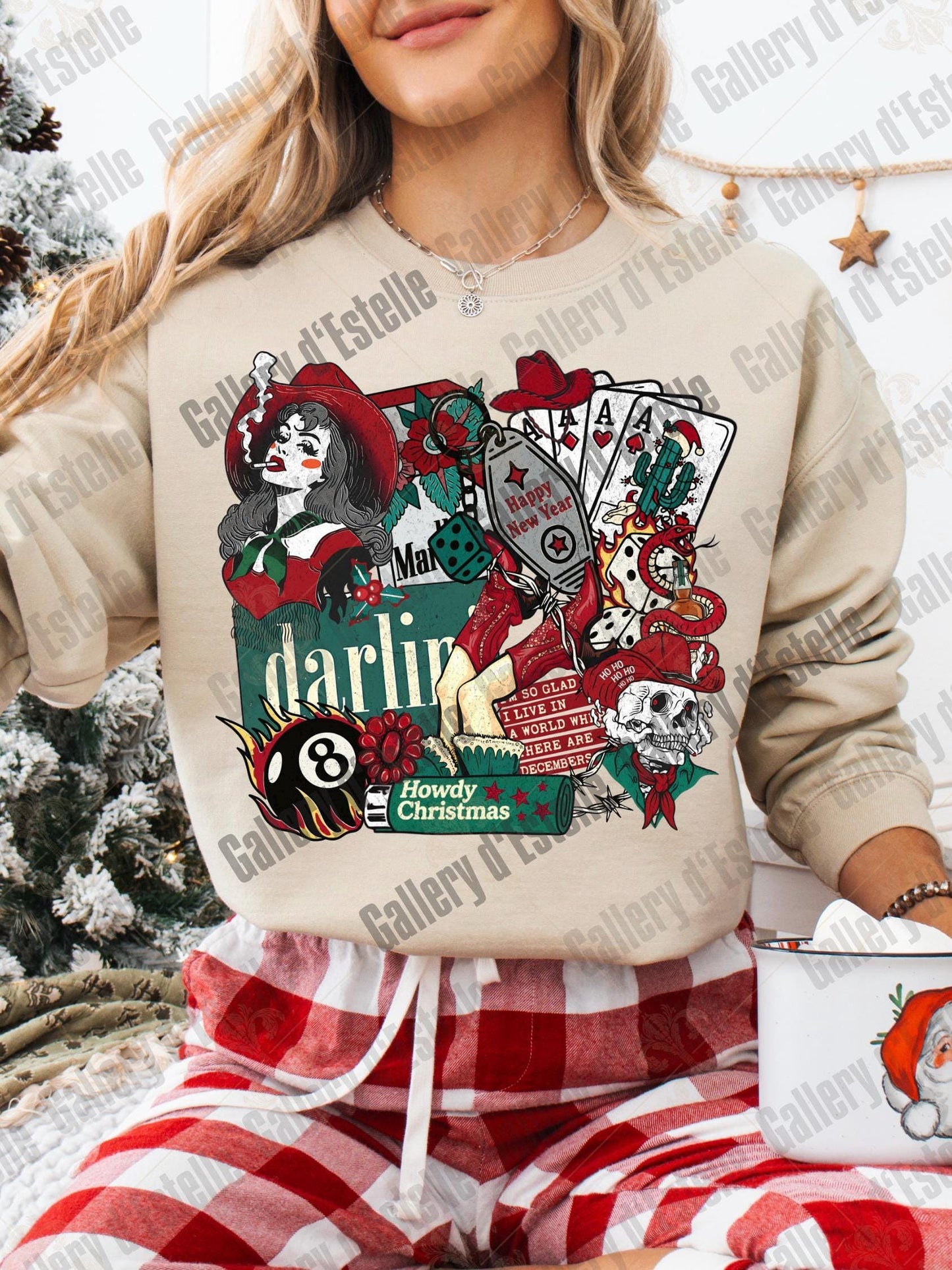 Western Cowgirl Christmas Collage PNG, Festive Cowboy Skeleton Graphic, Gothic Santa Holiday Design, Edgy Country Shirt Design