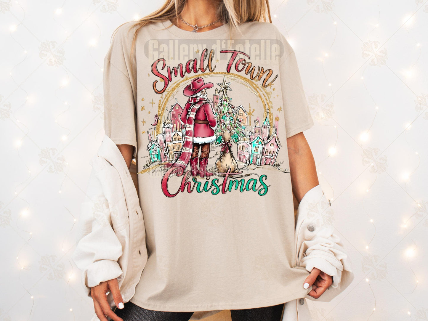 Small Town Christmas PNG, Retro Western Santa Graphic, Coquette Cowgirl Holiday Shirt Design
