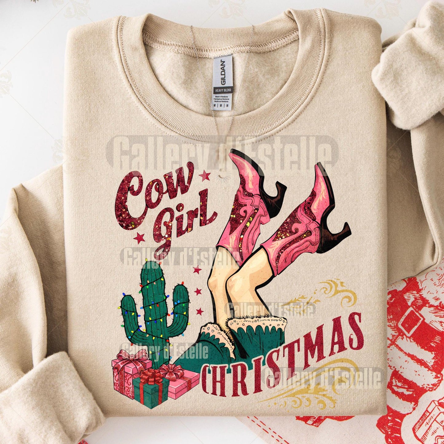 Preppy Cowgirl Christmas PNG, Retro Western Boots Holiday Graphic, Festive Country Shirt Design