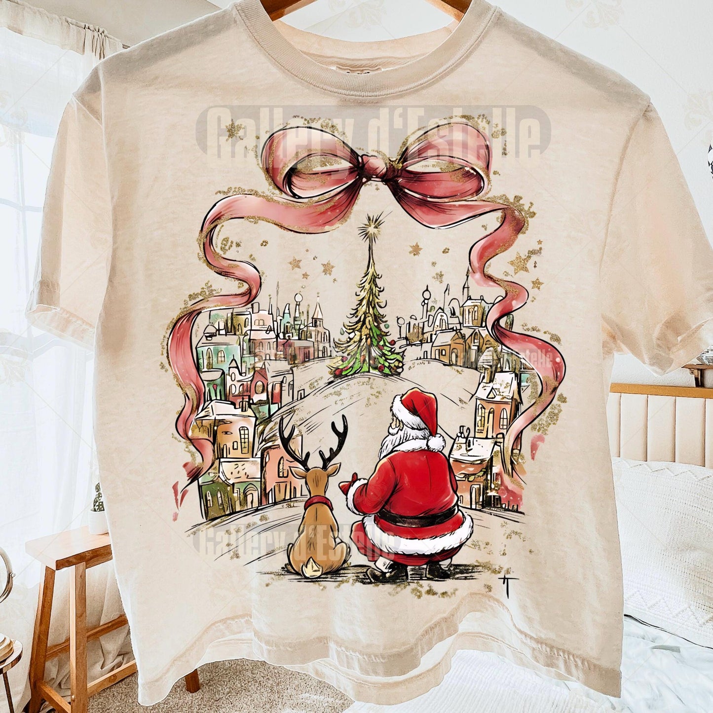Coquette Christmas Town PNG, Retro Santa & Reindeer Graphic, Whimsical Holiday Shirt Design, Festive Christmas Art