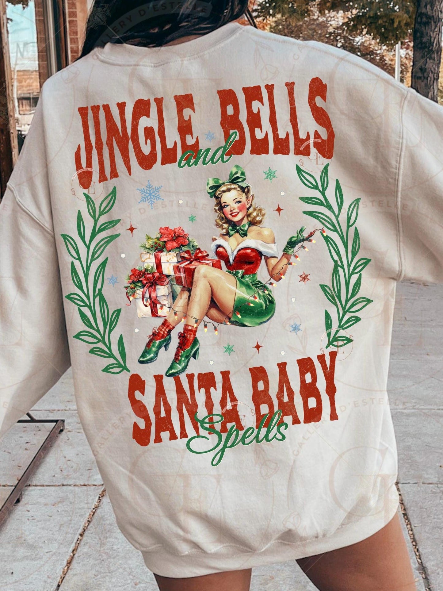 Jingle Bells and Santa Baby Spells PNG, Retro Pinup Girl Art, Cute Vintage Christmas Graphic, Coquette Holiday Shirt