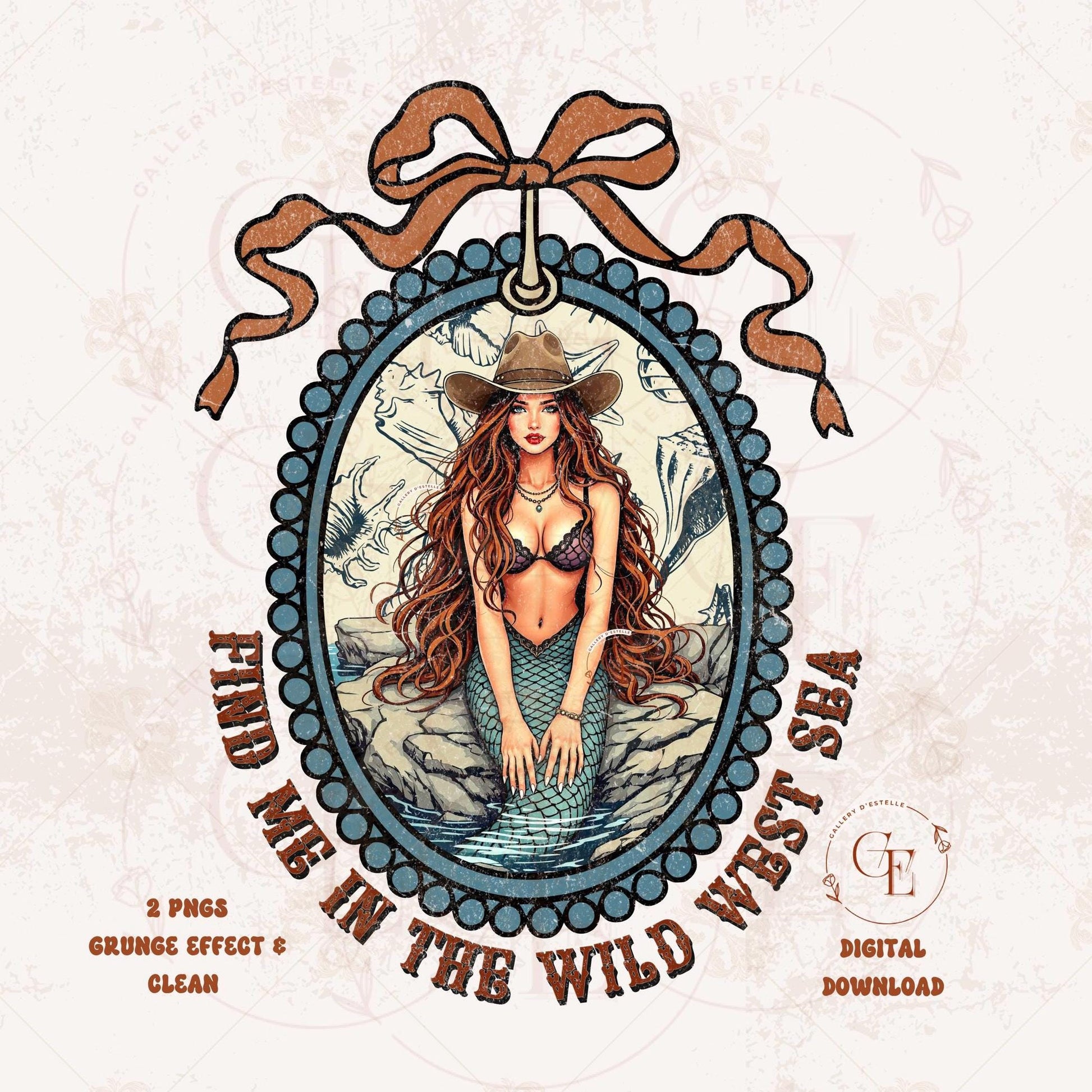 Illustration of a mermaid with a cowboy hat in an oval frame, surrounded by decorative elements on a textured background.