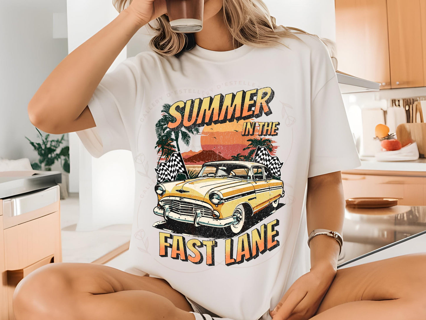 Summer in the Fast Lane PNG, Retro Vintage Race Car Graphic, Trendy Checkered Motor Club Shirt Design