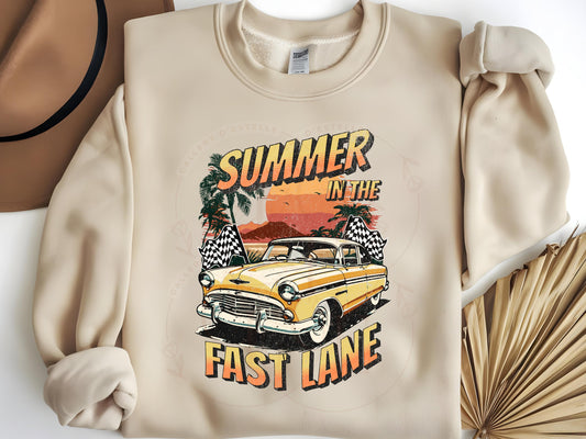 Summer in the Fast Lane PNG, Retro Vintage Race Car Graphic, Trendy Checkered Motor Club Shirt Design