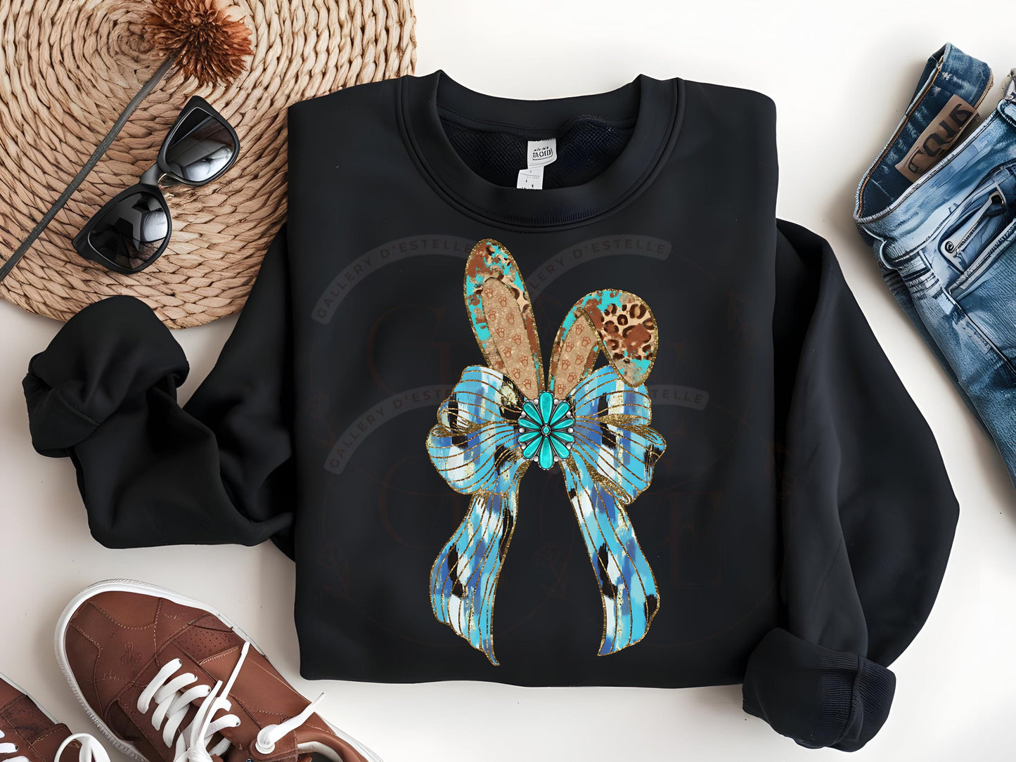 Western Coquette Glitter Bow PNG, Blue Brushstroke Easter Bunny Graphic, Trendy Cowgirl Shirt Design