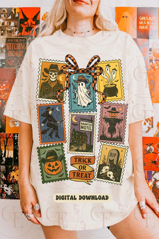 Person wearing a Halloween-themed t-shirt with graphic designs and text.