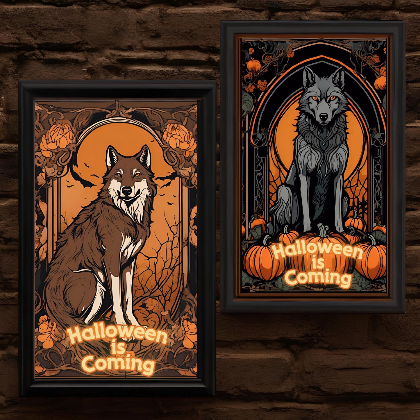 Halloween Wolves Wall Art Bundle, "House Spark" Spooky Halloween Art Nouveau Decoration