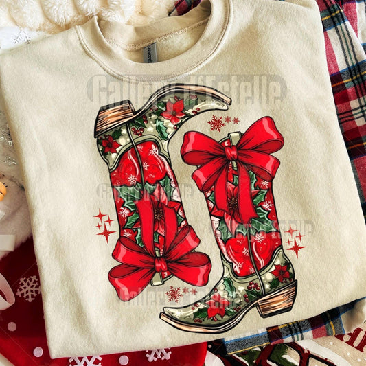 Christmas Howdy Boots PNG, Festive Cowboy Graphic, Coquette Cowgirl Holiday Art, Country Chic Shirt Design