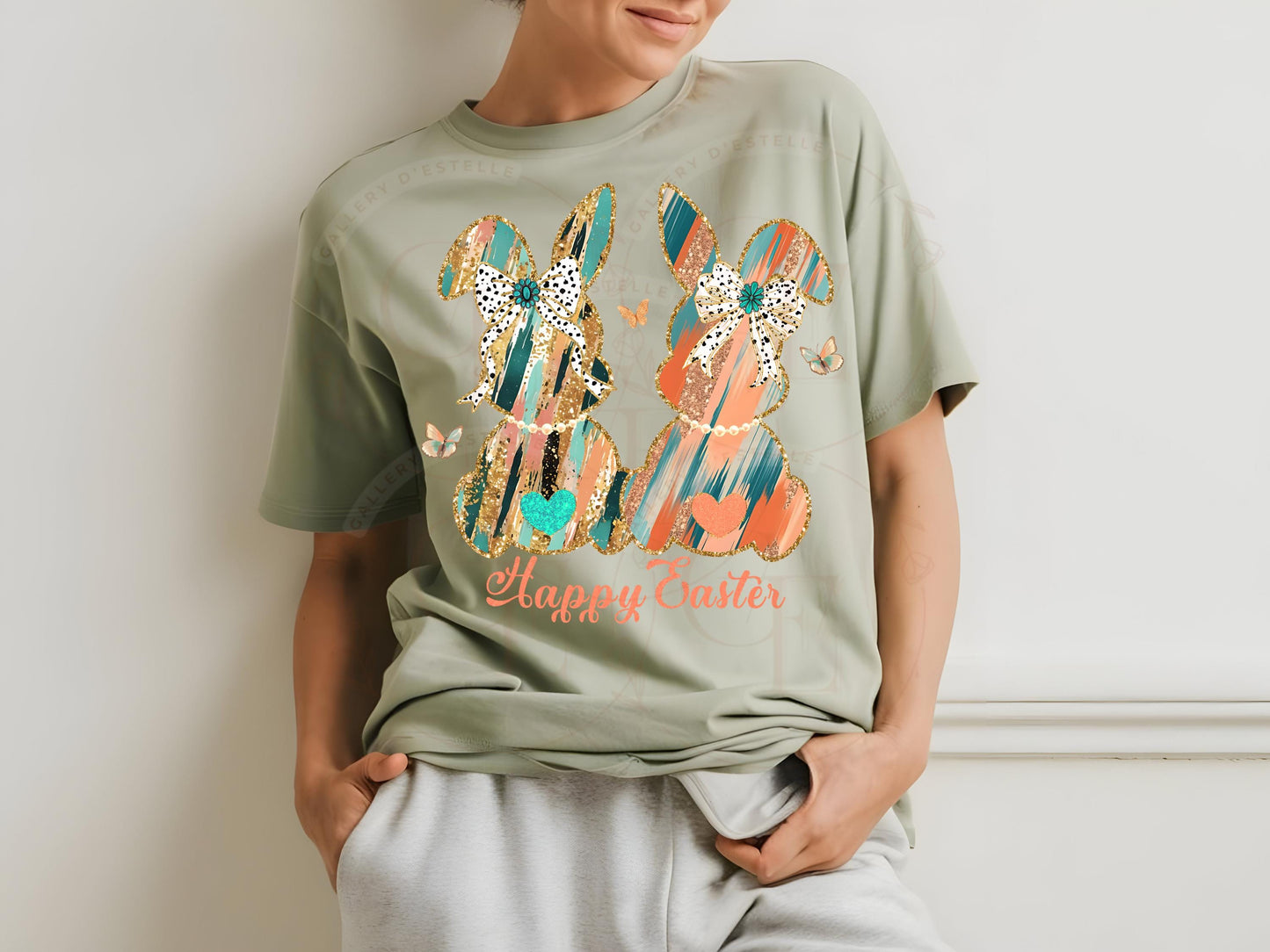 Coquette Glitter Bunnies PNG, Gold Coral Brushstroke Art, Cowgirl Easter Graphic, Trendy Country Shirt Design