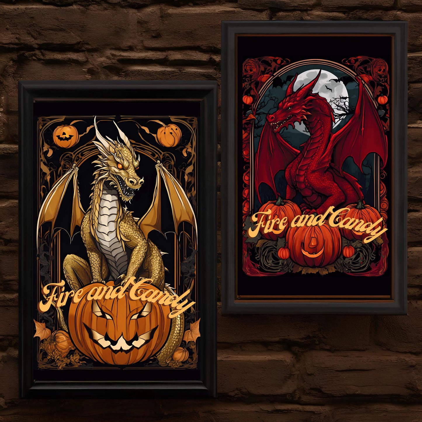 Halloween Dragons Wall Art Bundle-"House Spookaryen", Spooky Art Nouveau Prints for Halloween Decoration
