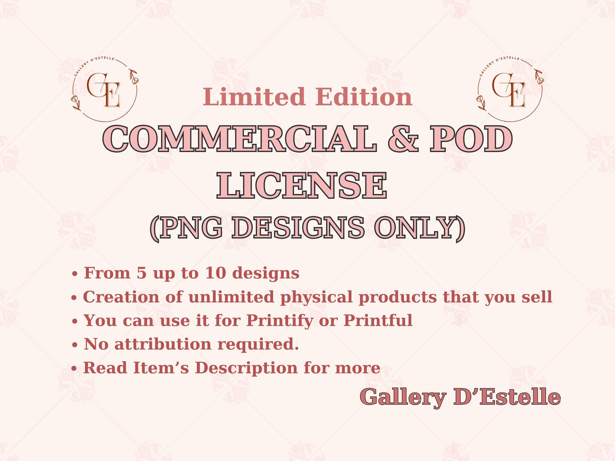 Terms of Use for commercial and pod license from Gallery D'Estelle on a light pink background.