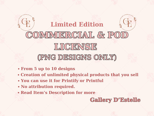 Terms of Use for commercial and pod license from Gallery D'Estelle on a light pink background.