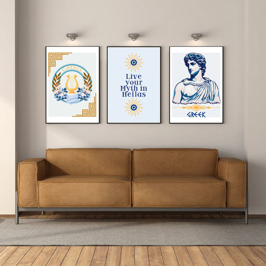 Greek Wall Art Set, Modern Mediterranean Home Decor, Hellenic Culture Prints, Greece Summer Vibes Digital Art