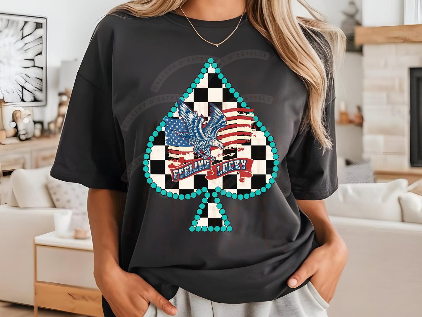 4th of July Feeling Lucky PNG, Western Patriotic Cowgirl Casino Art, Checkered Turquoise Spade Graphic, Trendy Independence Day Shirt Design
