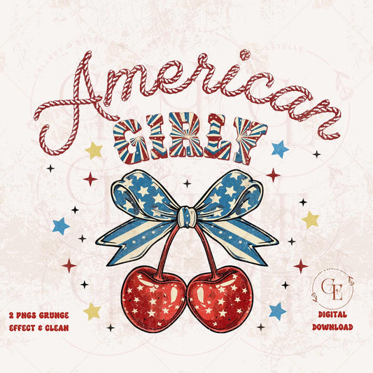 American Girly Cherry PNG featuring retro coquette cherry with western cowgirl elements and patriotic 4th of July red white and blue design