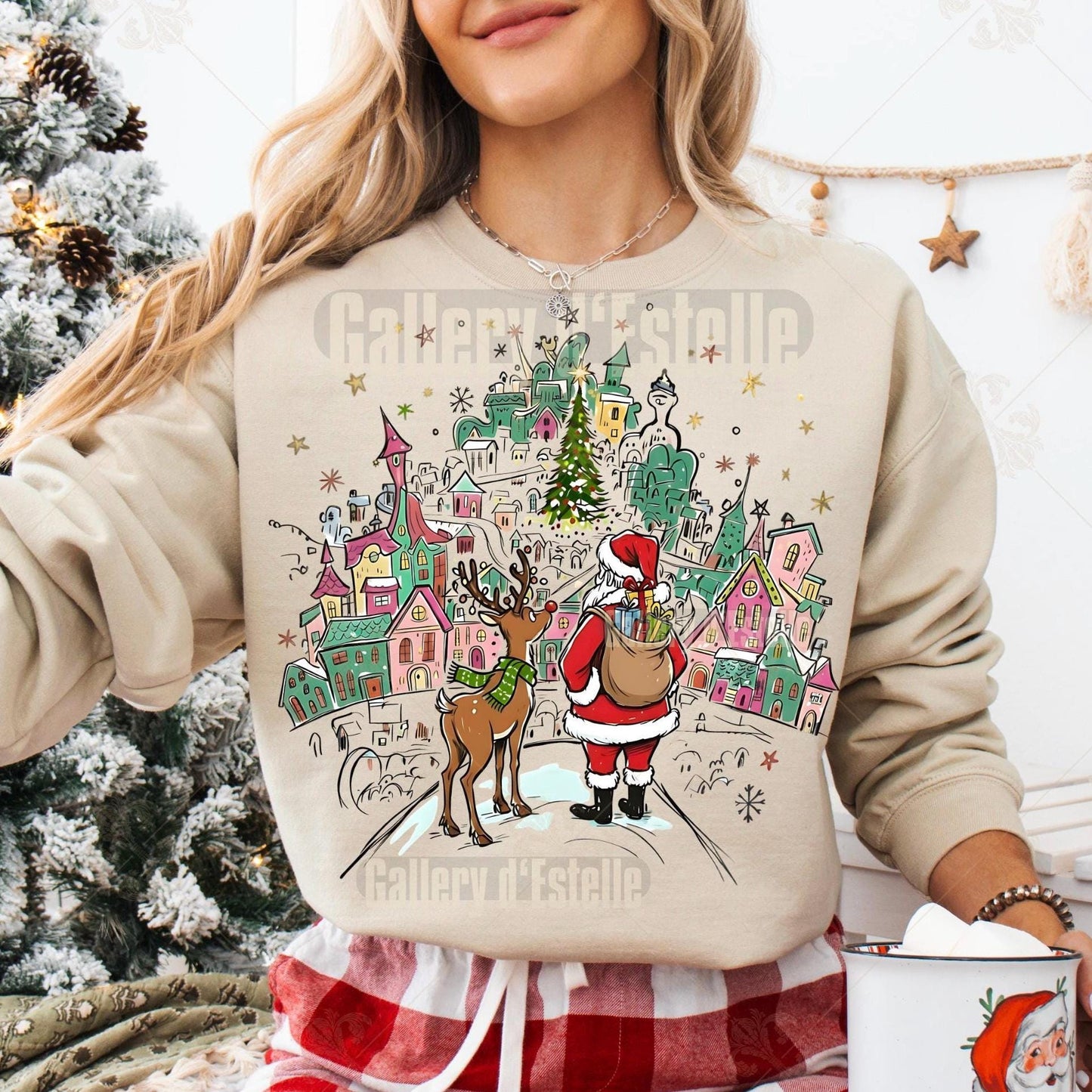 Retro Santa Town PNG, Coquette Christmas Reindeer Graphic, Nostalgic Holiday Sublimation, Festive Shirt Design