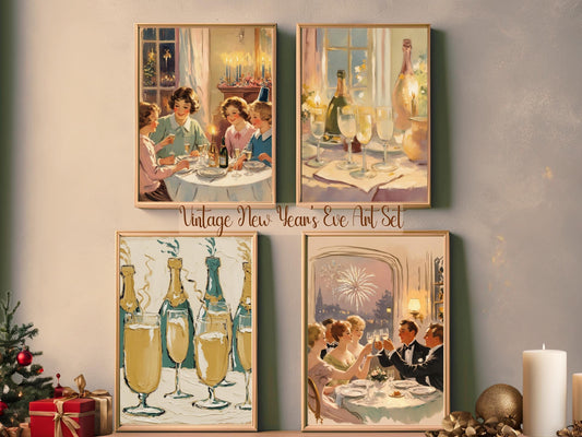 Vintage New Year's Eve Art Set, Nostalgic Retro Christmas Art Collection for Holiday Decor