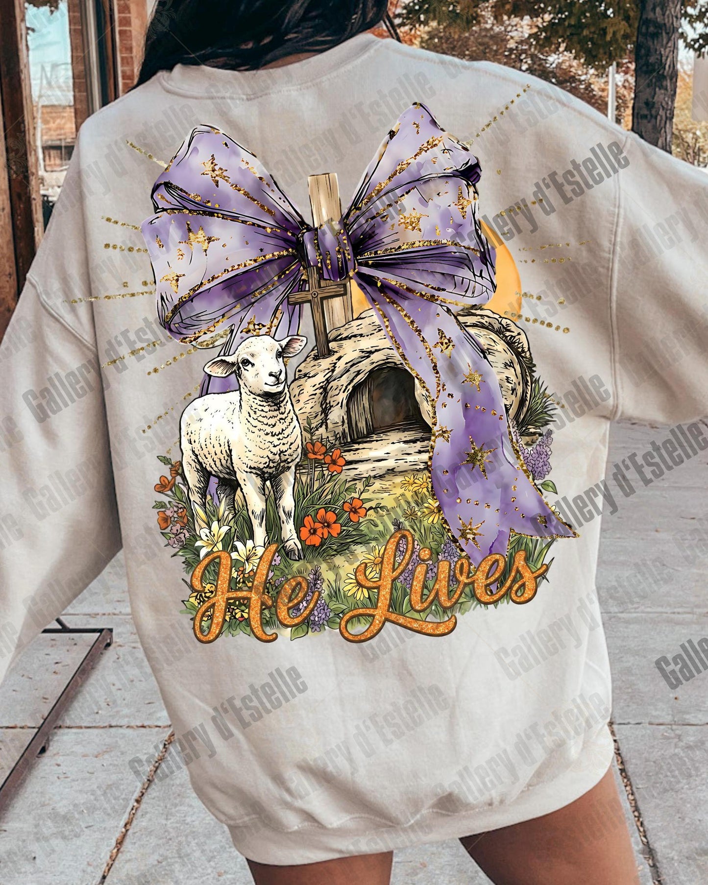 He Lives Easter PNG, Preppy Christian Resurrection Art, Retro Religious Lamb Graphic, Coquette Faith Shirt Design