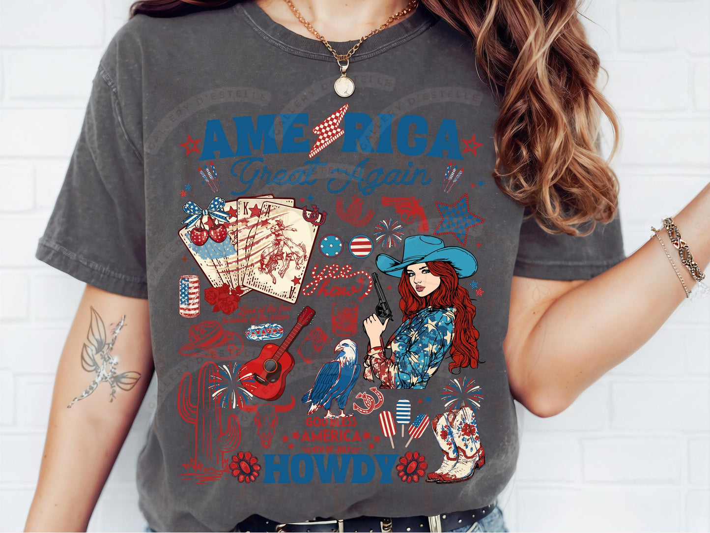 America Great Again PNG, Patriotic Cowgirl Collage, Western 4th of July Graphic, Trendy Checkered Country Shirt Design