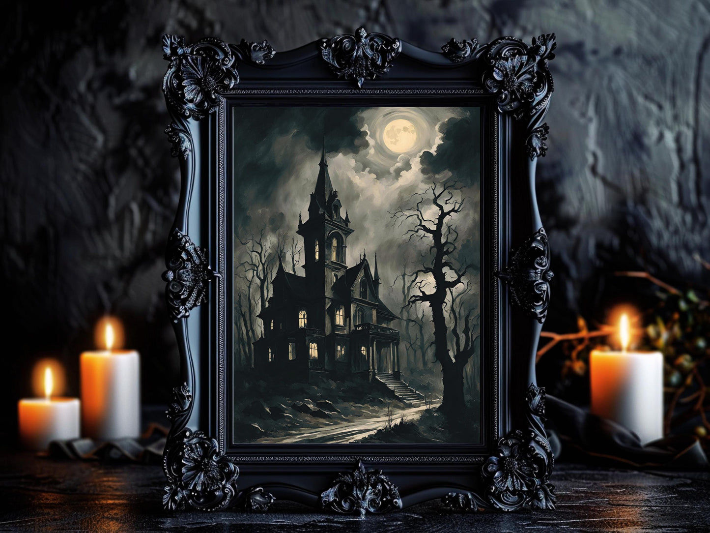 Haunted Castle Art, Victorian Gothic Wall Decor for Halloween, Spooky Edgy Dark Aesthetic Castle