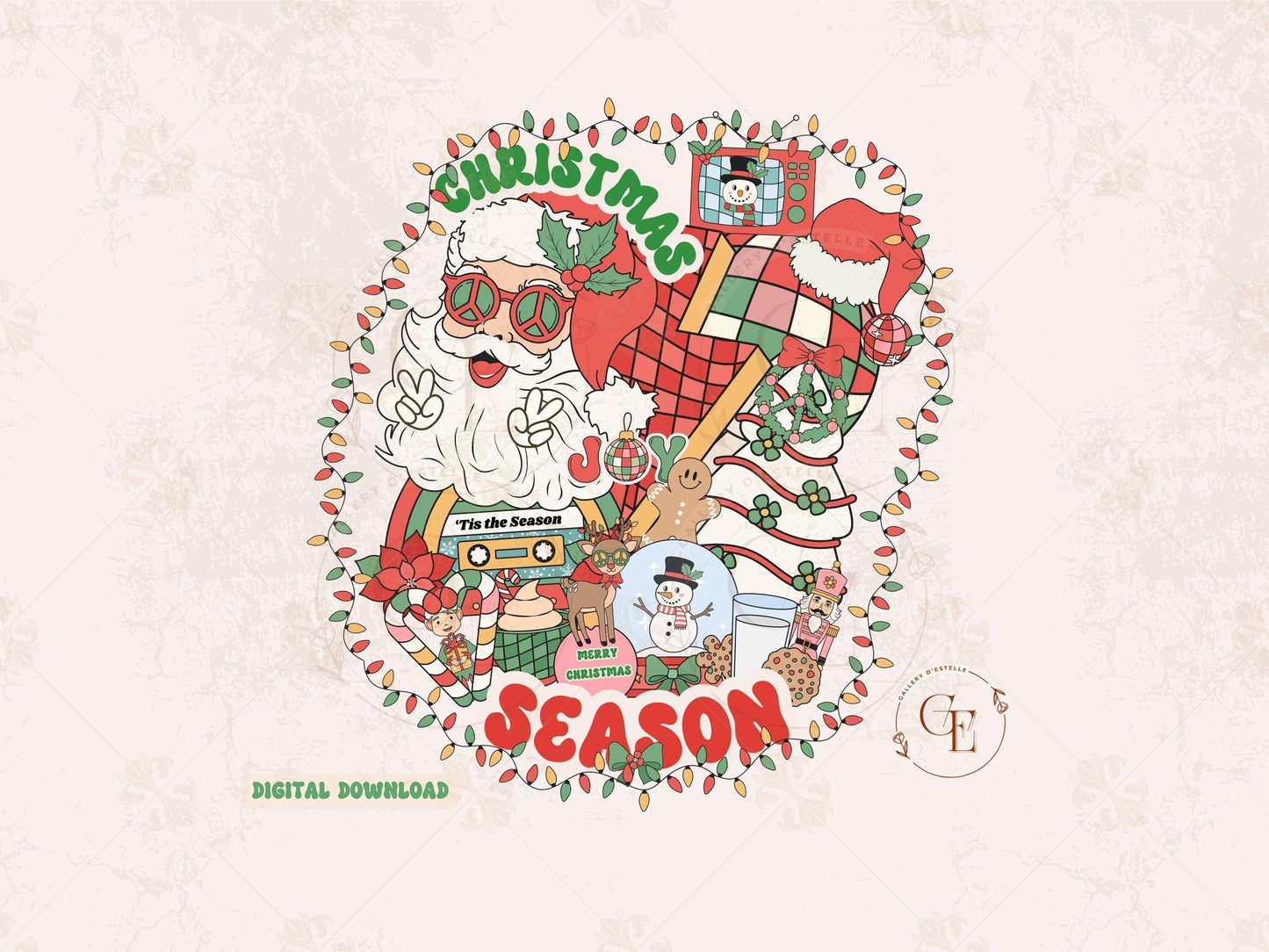 Retro Christmas Season PNG, Groovy Vintage Holiday Elements Collage, Festive Santa Shirt Design