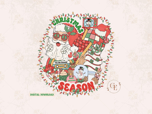 Retro Christmas Season PNG, Groovy Vintage Holiday Elements Collage, Festive Santa Shirt Design