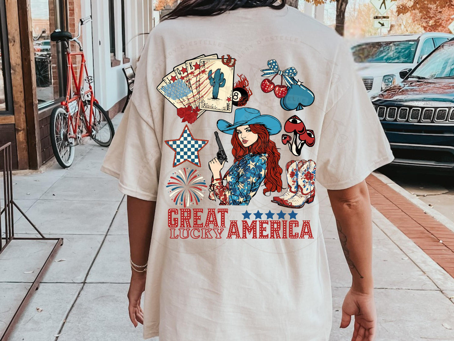 Great America Lucky PNG, Western Patriotic Cowgirl Casino Collage, Lucky 4th of July Country Shirt Design
