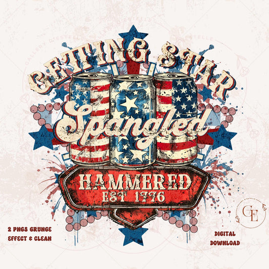 Getting Star Spangled Hammered PNG featuring retro beer can with American flag stars and stripes for 4th of July party shirt design
