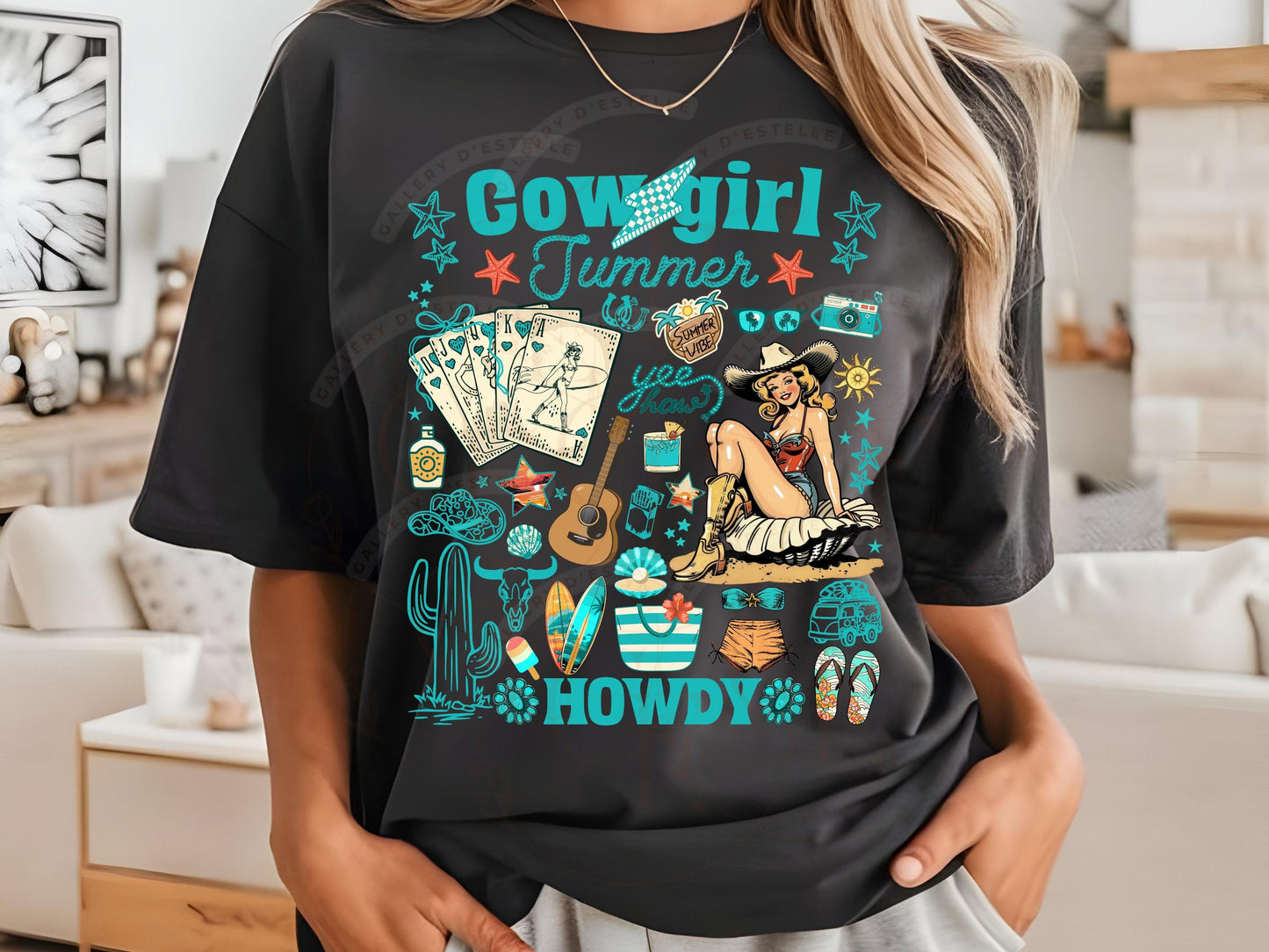 Cowgirl Summer Country PNG, Retro Western Coastal Girl Collage, Trendy Mermaid Summer Shirt Design