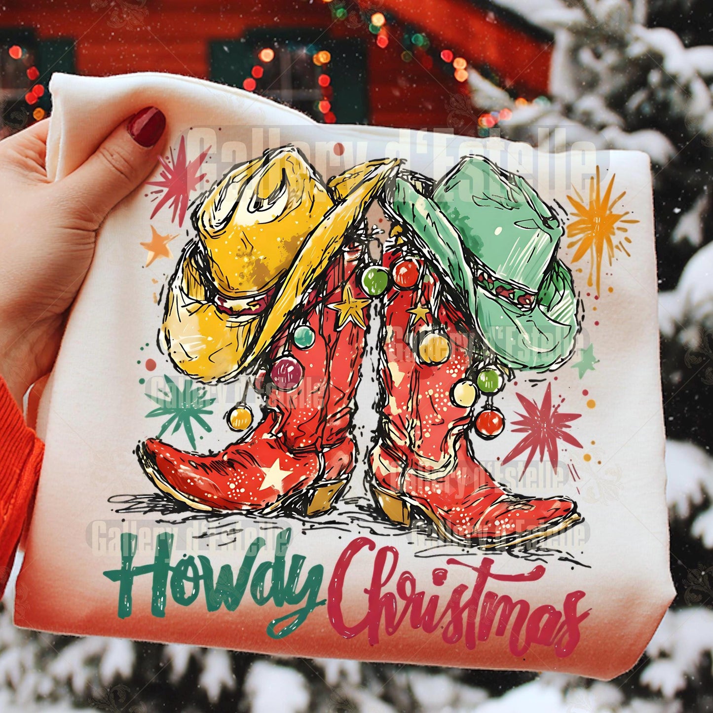 Western Howdy Boots PNG, Festive Cowboy Christmas Graphic, Coquette Cowgirl Holiday Shirt Design