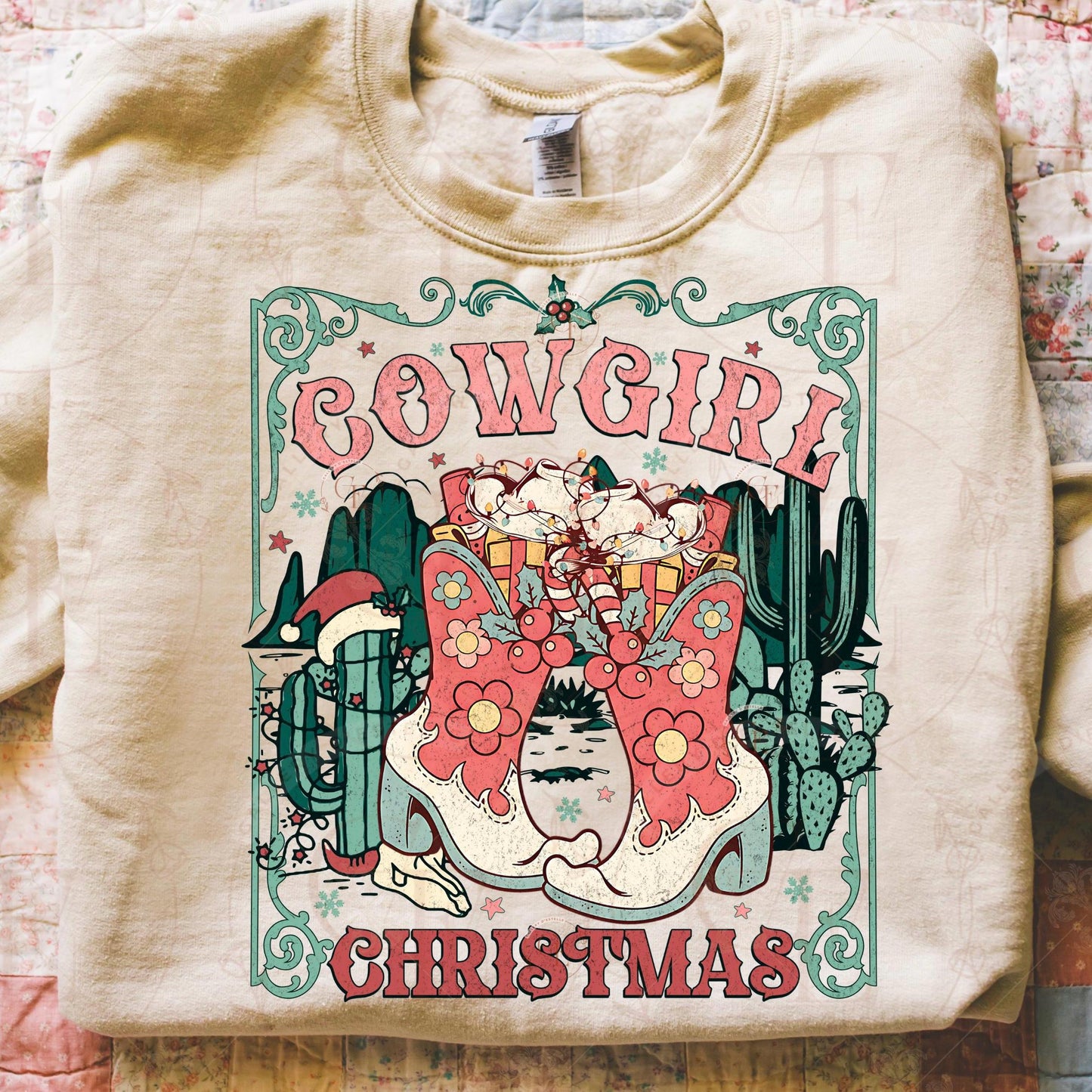 Coquette Cowgirl Christmas PNG, Retro Western Boots Holiday Graphic, Festive Country Shirt Sublimation Design