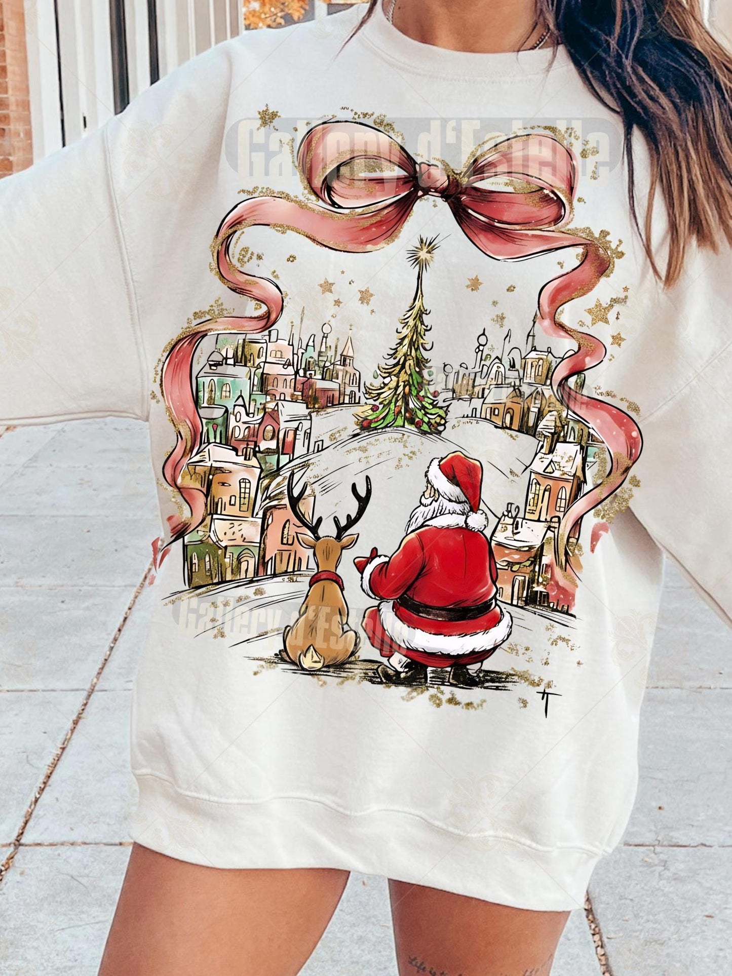 Coquette Christmas Town PNG, Retro Santa & Reindeer Graphic, Whimsical Holiday Shirt Design, Festive Christmas Art