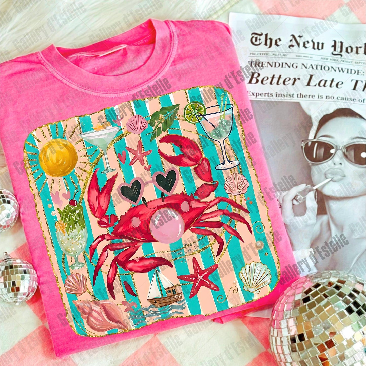 Crab Blowing Bubble PNG, Coquette Coastal Crab Graphic, Trendy Summer Beach Shirt Design