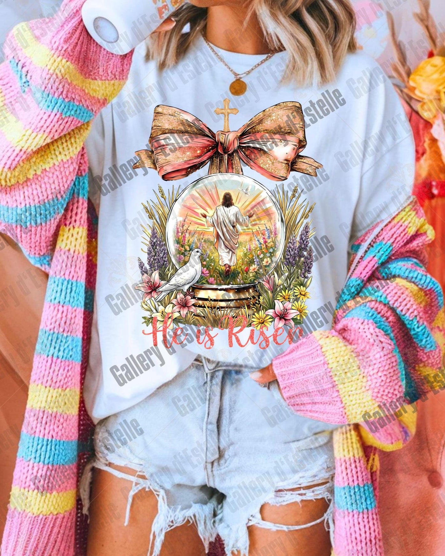He Is Risen PNG, Retro Jesus Resurrection Art, Vintage Floral Easter Graphic, Coquette Christian Shirt Design