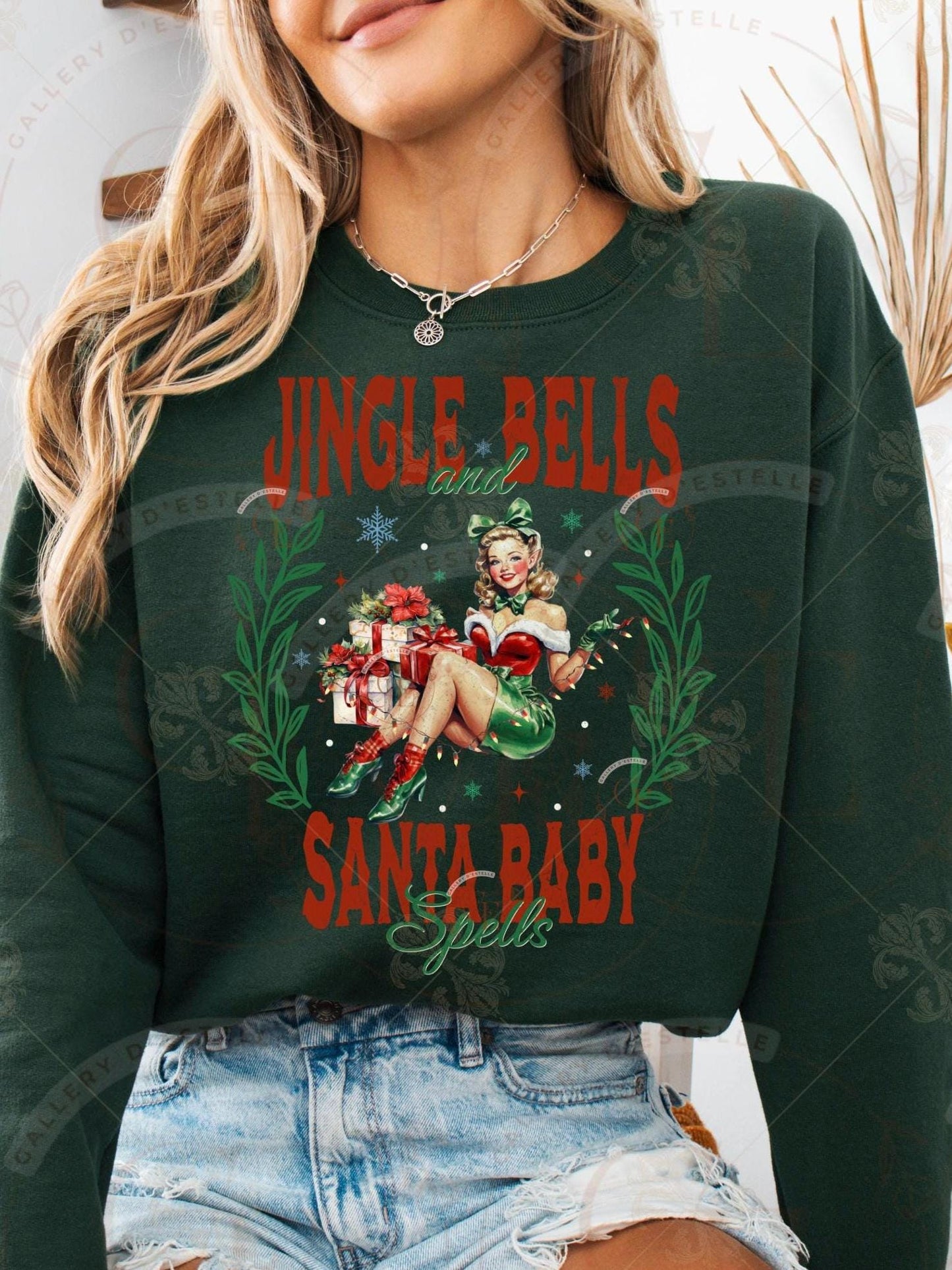 Jingle Bells and Santa Baby Spells PNG, Retro Pinup Girl Art, Cute Vintage Christmas Graphic, Coquette Holiday Shirt