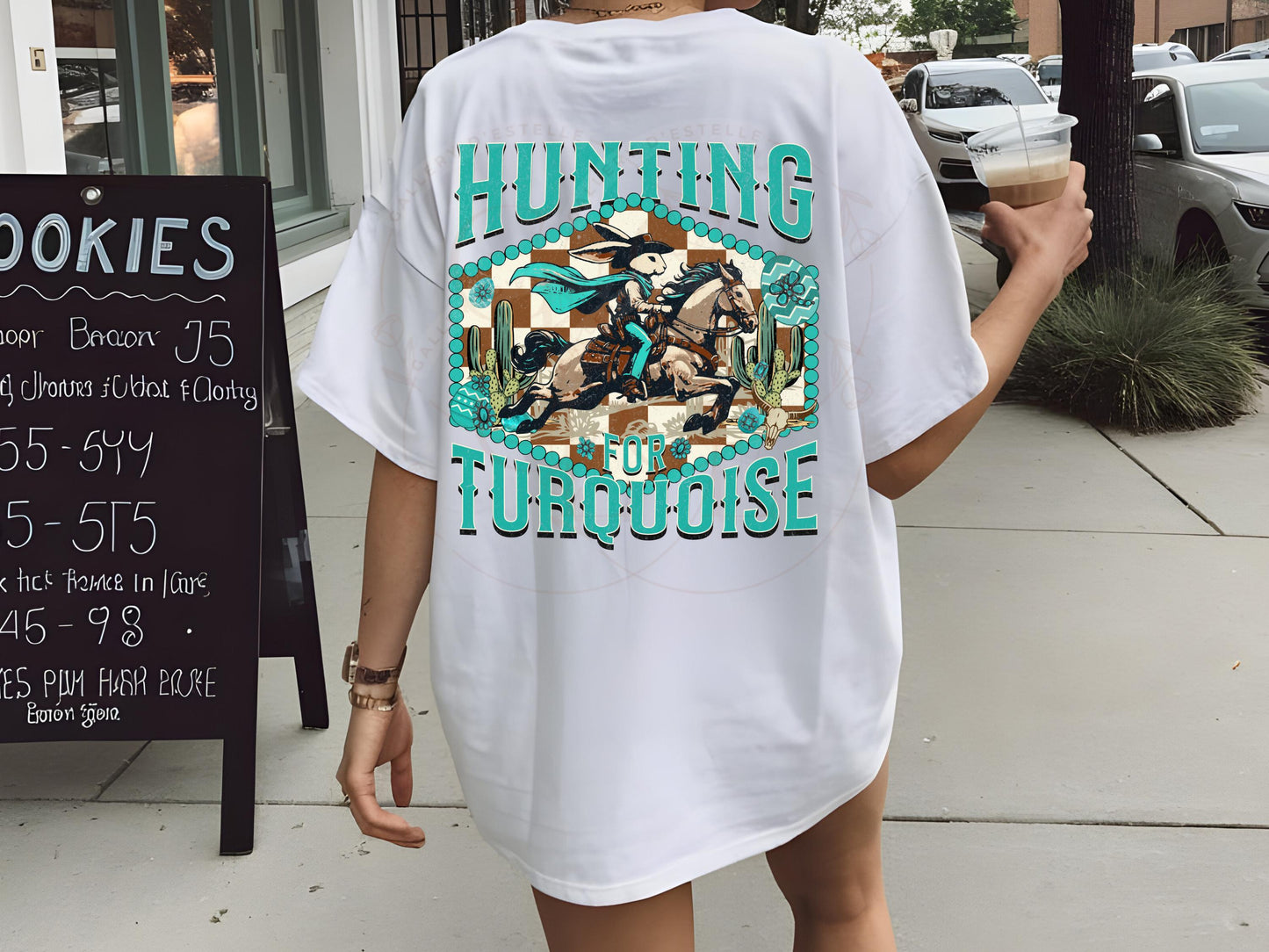 Hunting for Turquoise PNG, Wild West Easter Bunny Rodeo Graphic, Western Cowgirl Turquoise Checkered Shirt Design