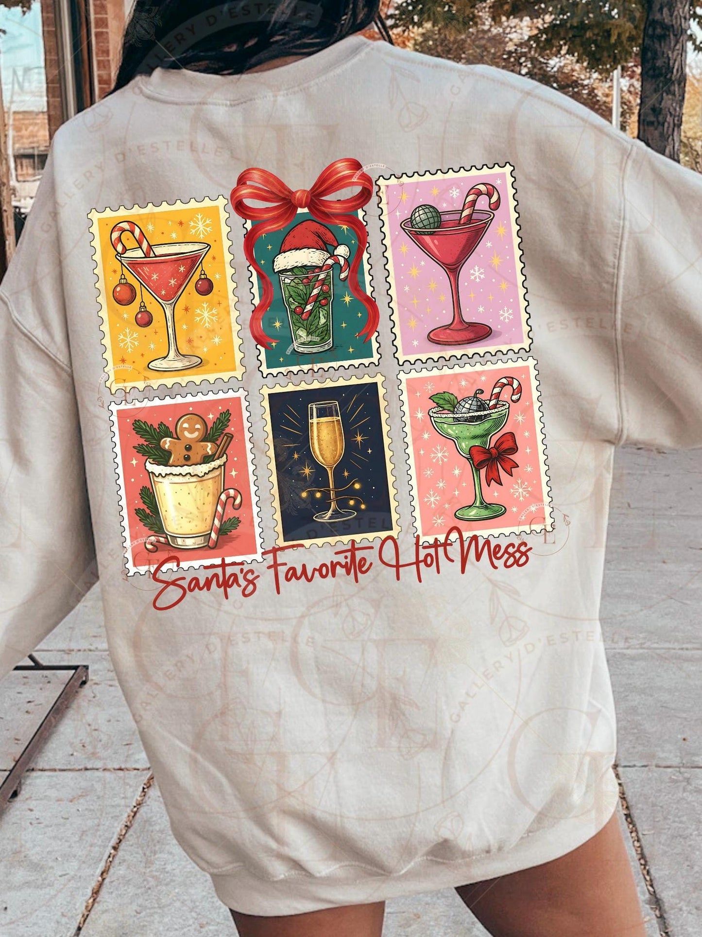 Retro Coquette Christmas Stamp PNG, Festive Santa Cocktail Collage, Holiday Spirit Drinks Graphic, Trendy Girl Christmas Shirt Design