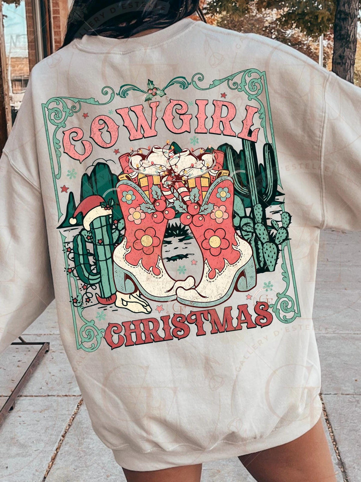 Coquette Cowgirl Christmas PNG, Retro Western Boots Holiday Graphic, Festive Country Shirt Sublimation Design