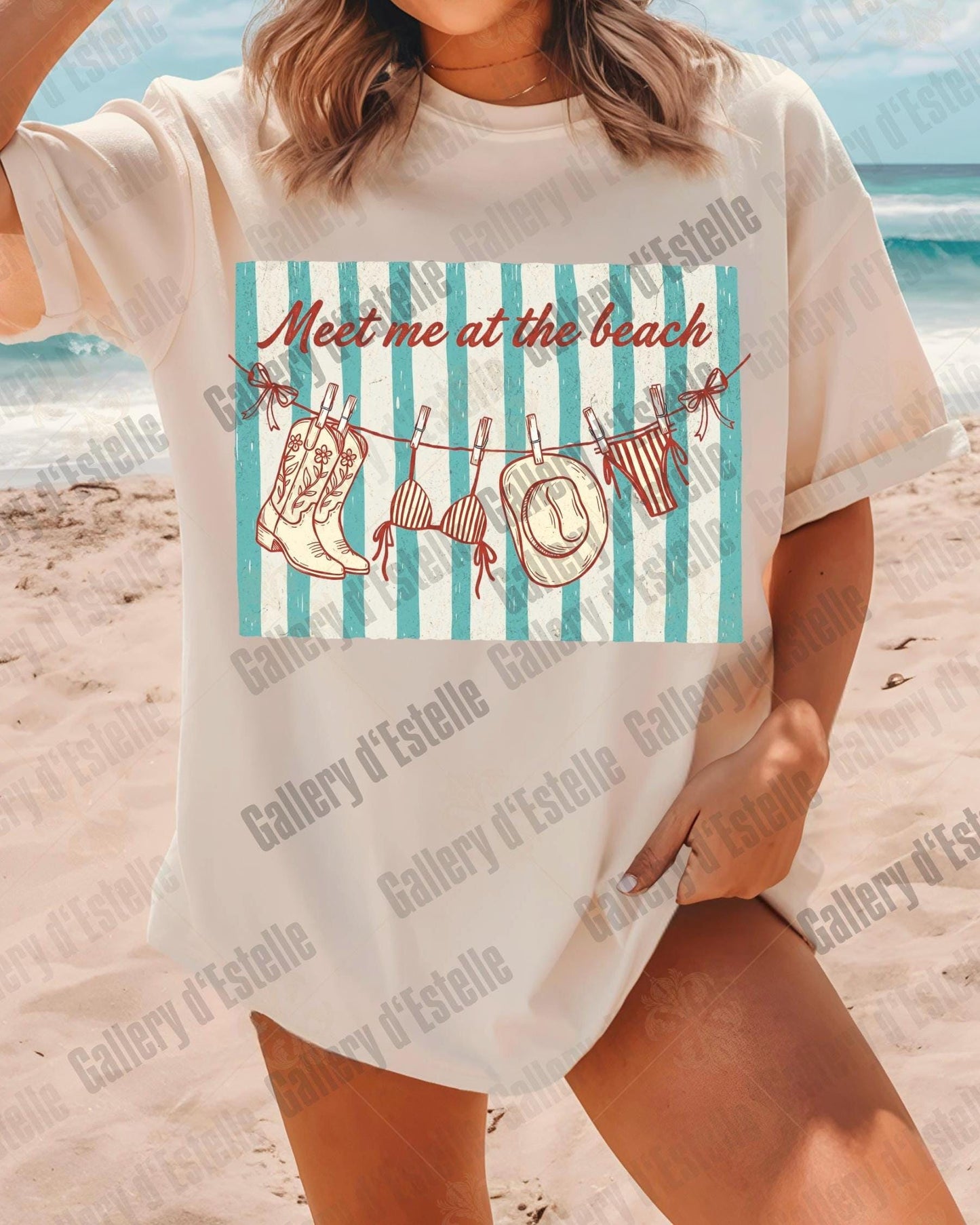 Meet Me at the Beach PNG, Retro Coastal Cowgirl Graphic, Trendy Western Summer Shirt Design