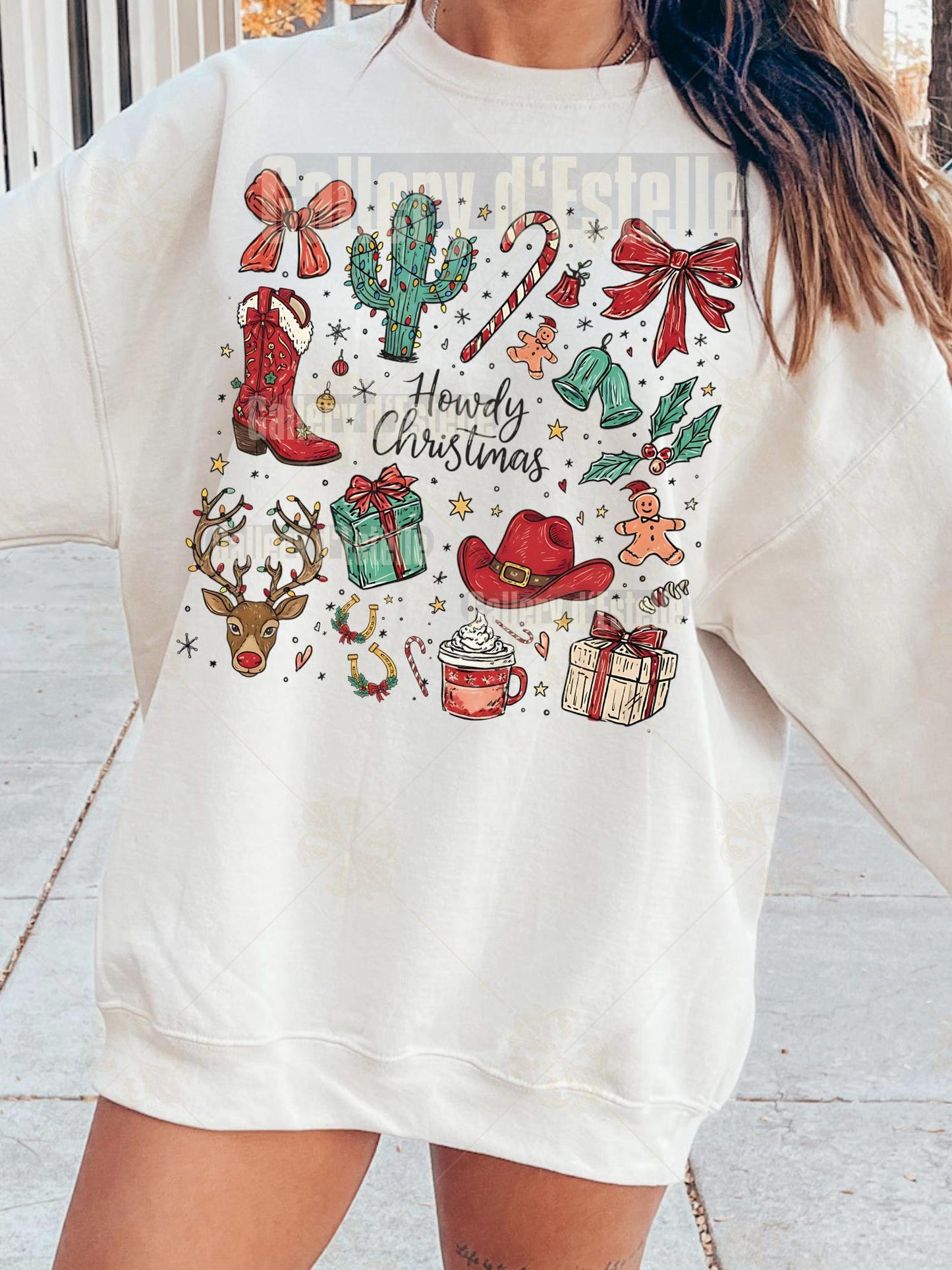 Coquette Cowgirl Christmas Collage PNG, Festive Western Doodle Art, Cowboy Reindeer Holiday Graphic, Trendy Country Shirt Design