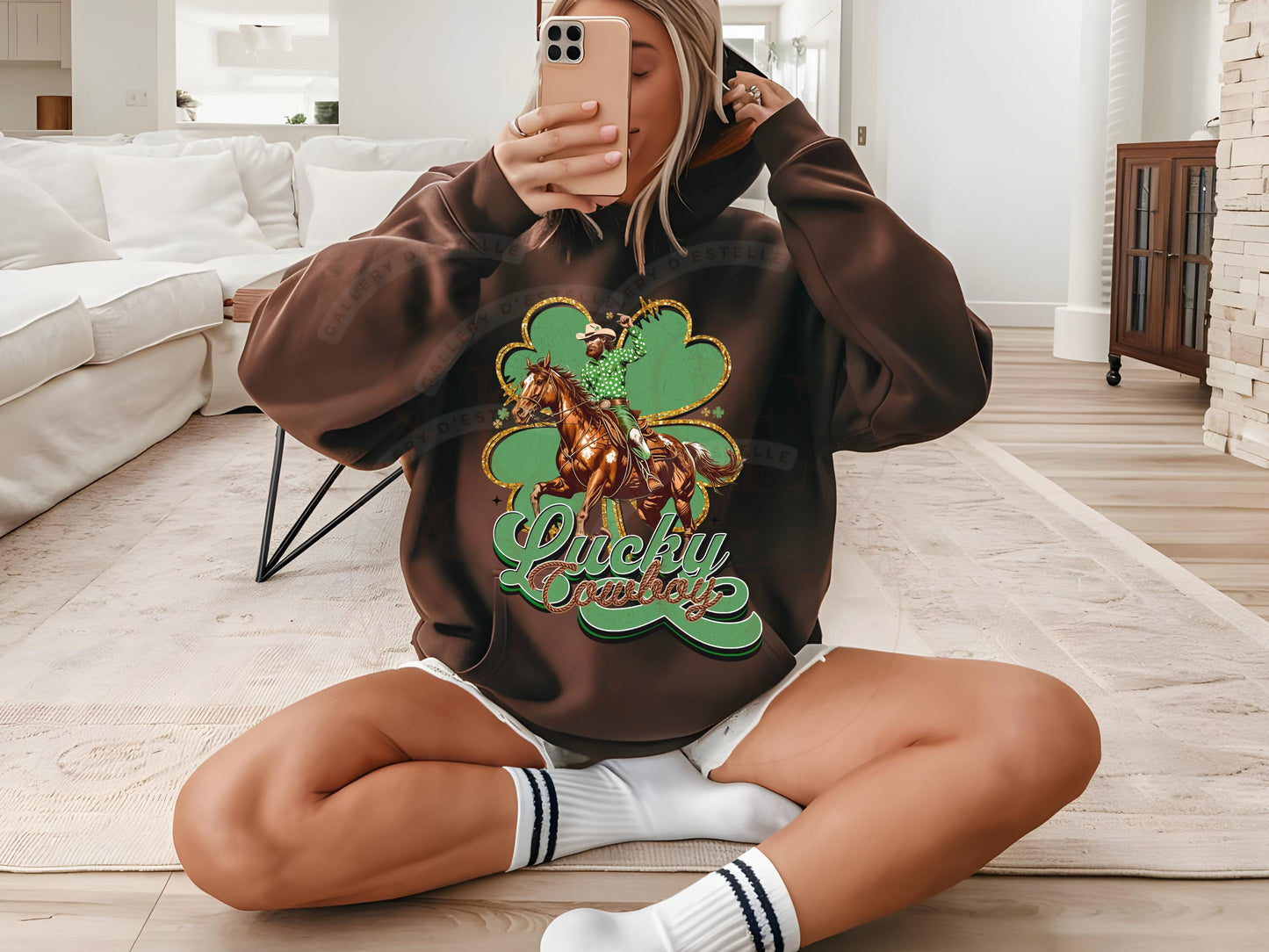 Lucky Cowboy PNG, St. Patricks Day Western Graphic, Retro Lucky Clover Art, Trendy Country Shirt Rodeo Design