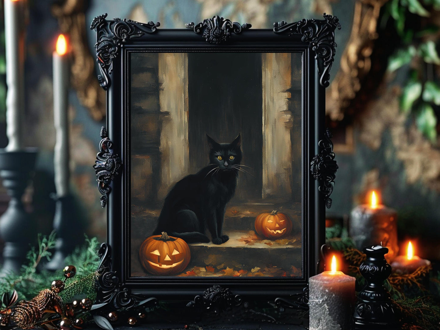 Haunted Black Cats Wall Art Set, Eerie Feline Dark Aesthetic Prints for Gothic Halloween Decor