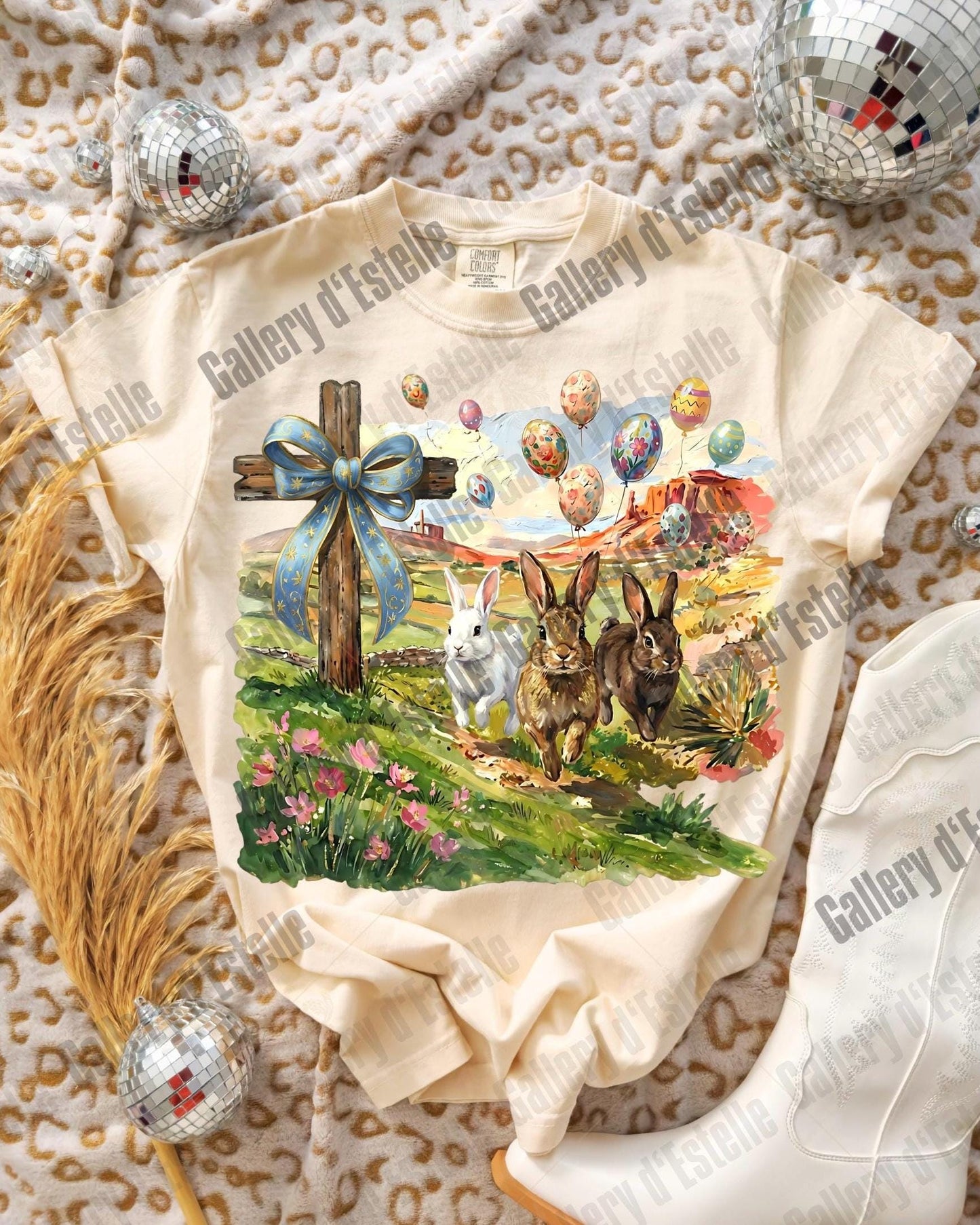 Christian Easter Bunny PNG, Coquette Cross Spring Scene, Vintage Religious Rabbit Art, Western Faith Shirt Design