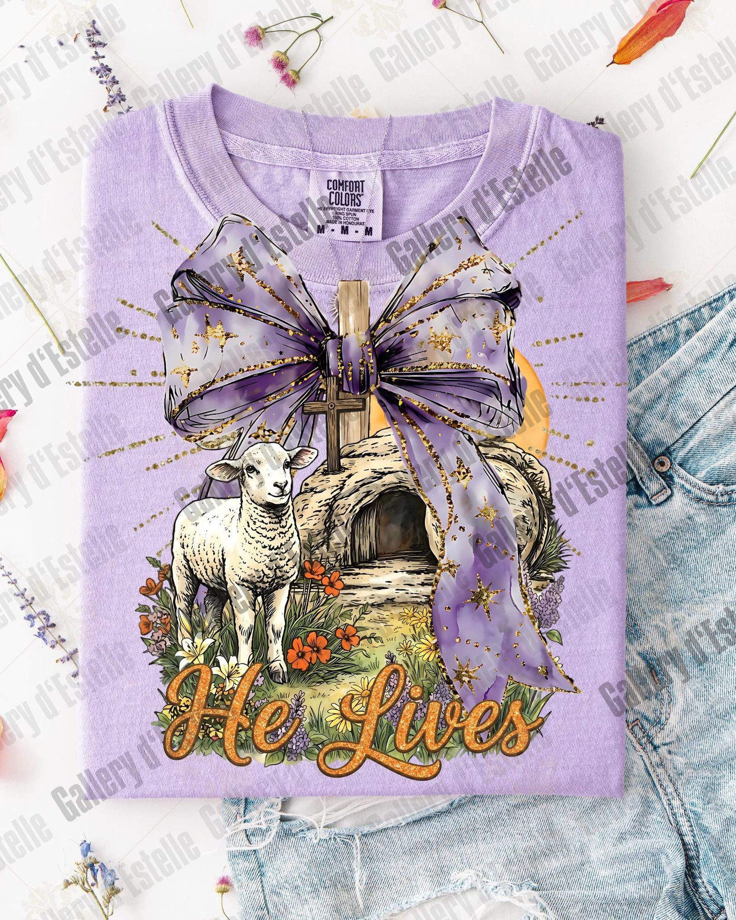 He Lives Easter PNG, Preppy Christian Resurrection Art, Retro Religious Lamb Graphic, Coquette Faith Shirt Design