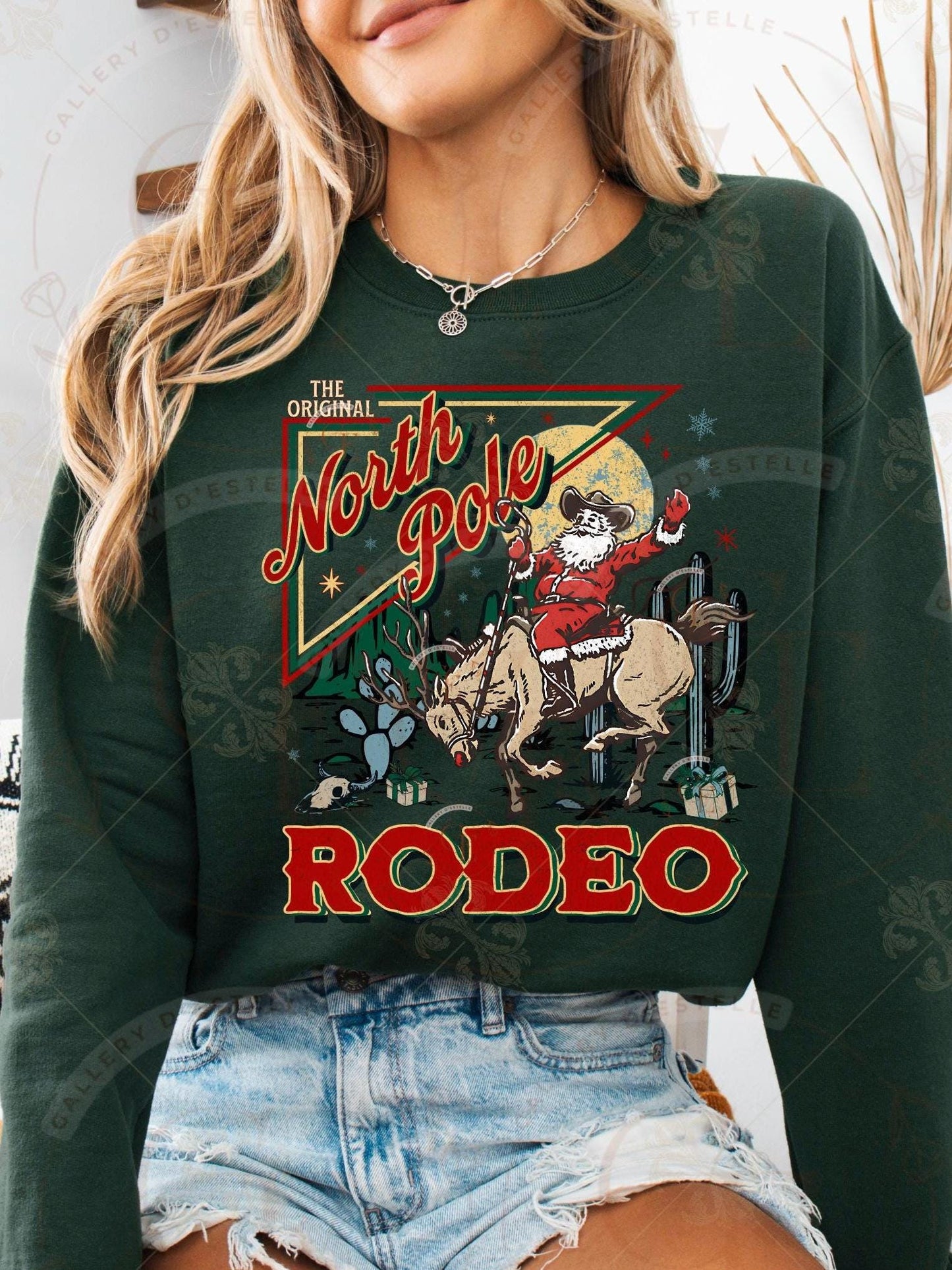 Retro North Pole Rodeo PNG, Festive Cowboy Santa Christmas Graphic, Western Holiday Shirt Design