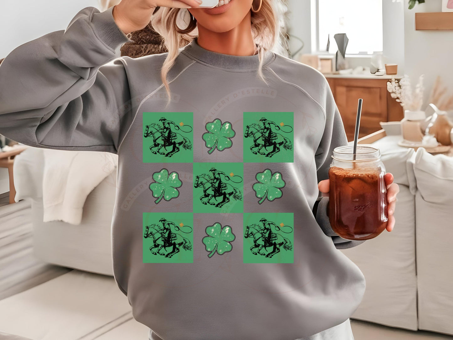 Western St. Patricks Day Checkered PNG, Retro Lucky Shamrock Graphic, Cowboy Rodeo Sublimation, St Paddys Shirt Design